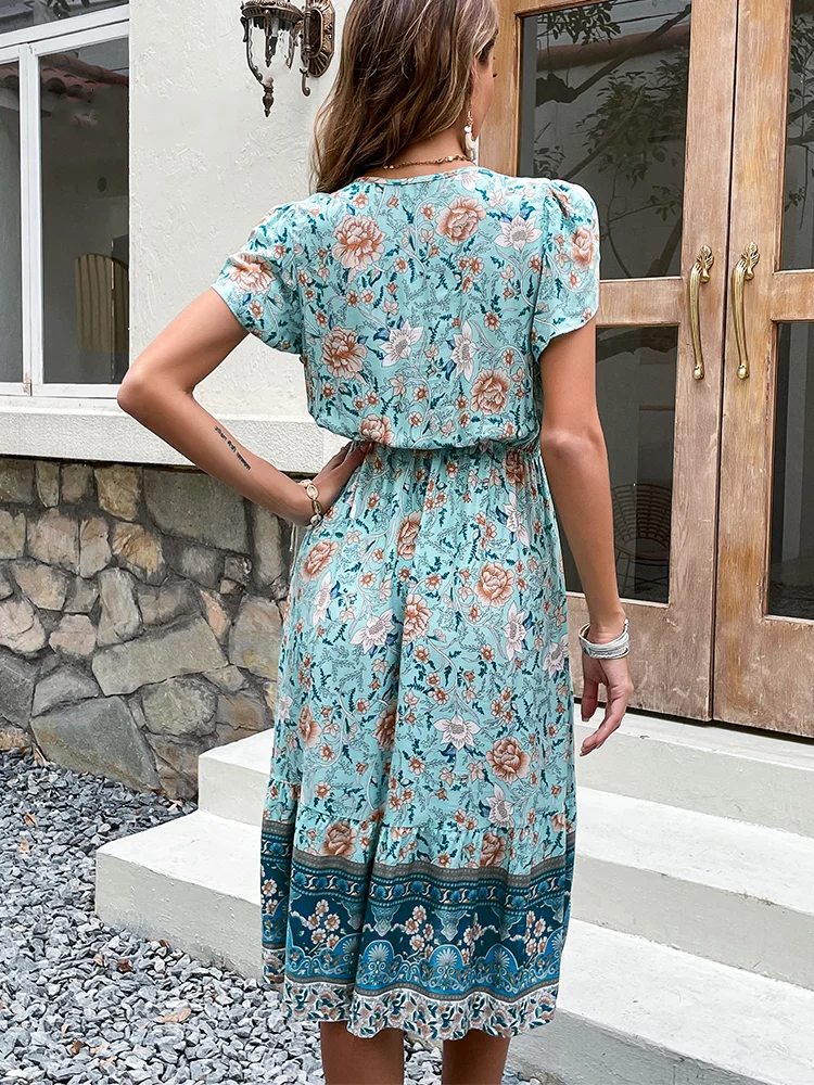 Reliza - Groene bloemenprint Boho Midi zomerjurk