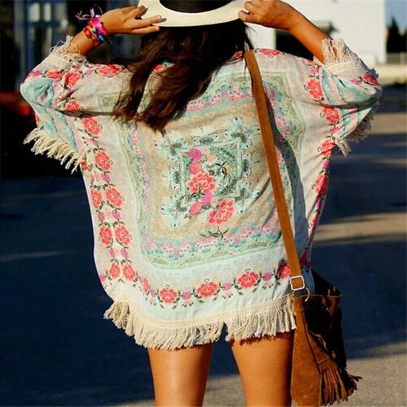 Sarah - Nieuwe Boho Hippie Kwastjes Sjaal Top Bloemen Kimono Losse Blouse