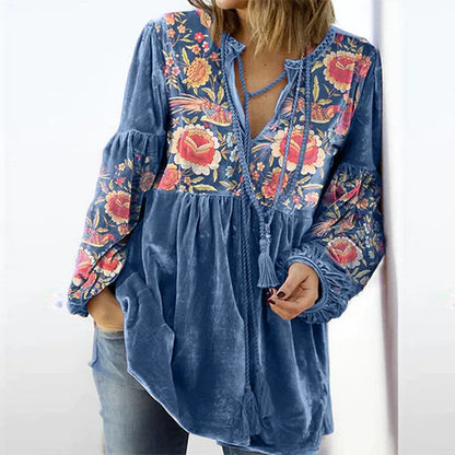 Felisa - Vrouwen Blouse Vintage Print V-Hals Lang Mouw Shirt