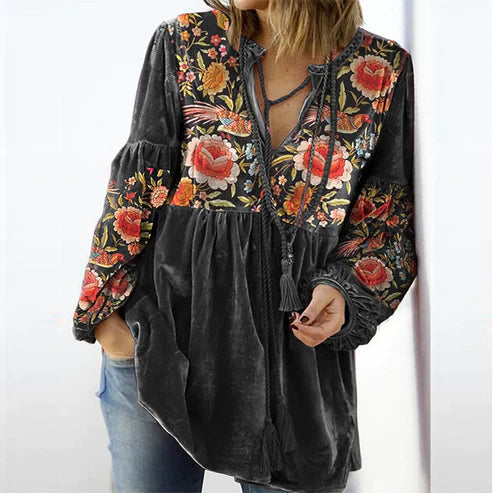 Felisa - Vrouwen Blouse Vintage Print V-Hals Lang Mouw Shirt