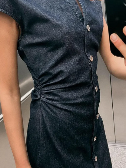 Ariana - Vintage chique denim geplooide jurk