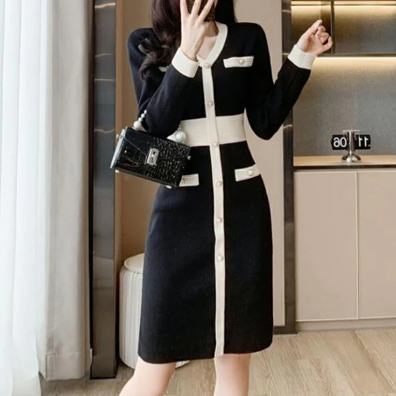 Oppa - Koreaanse mode patchwork hoge taille elegante gebreide jurken