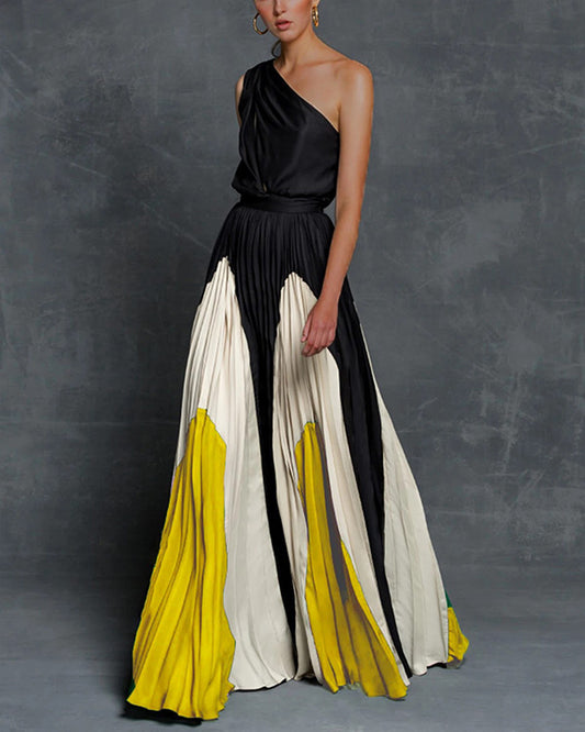 Ledie - Off-the-shoulder, elegante maxi-jurk met kleurblokdessin