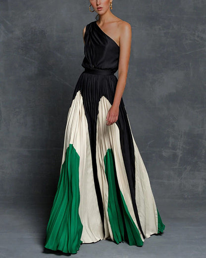 Ledie - Off-the-shoulder, elegante maxi-jurk met kleurblokdessin