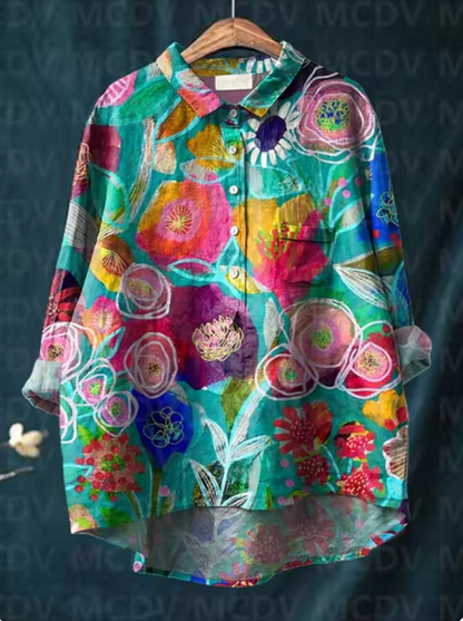 Miracle - Vintage mooi bloemenkunstprint casual linnen overhemd