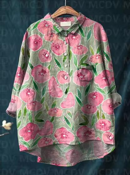 Miracle - Vintage mooi bloemenkunstprint casual linnen overhemd