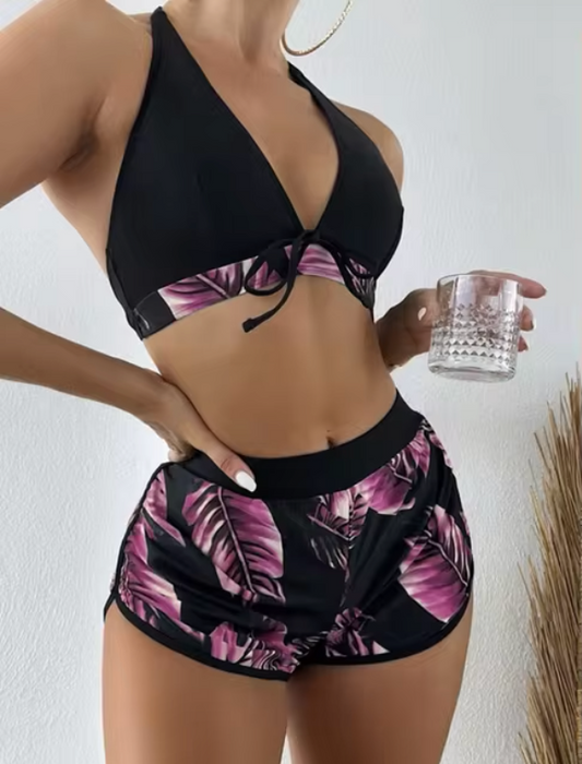 Elena - Driedelige bikiniset met bladerenprint en hoge taille