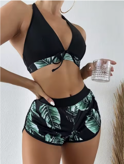 Elena - Driedelige bikiniset met bladerenprint en hoge taille