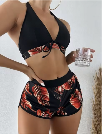 Elena - Driedelige bikiniset met bladerenprint en hoge taille