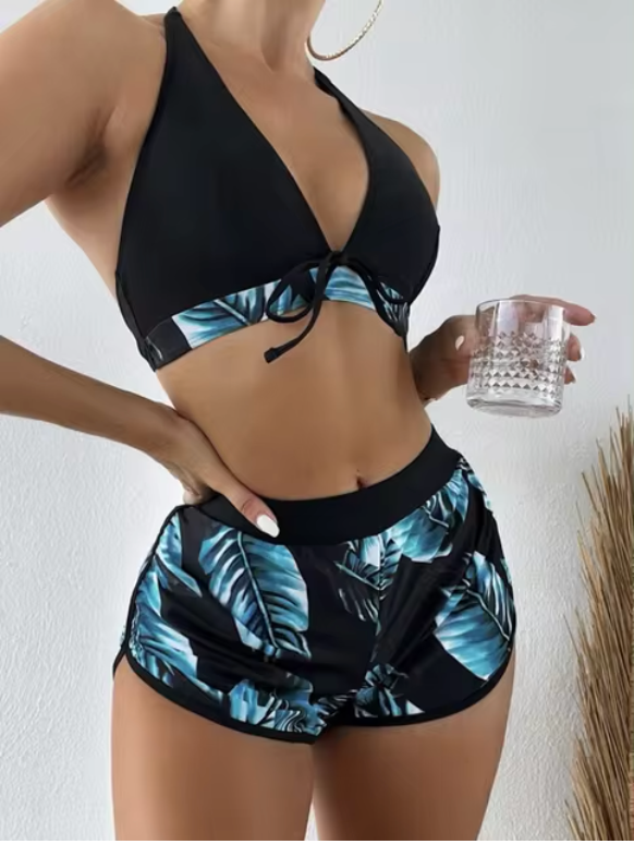 Elena - Driedelige bikiniset met bladerenprint en hoge taille