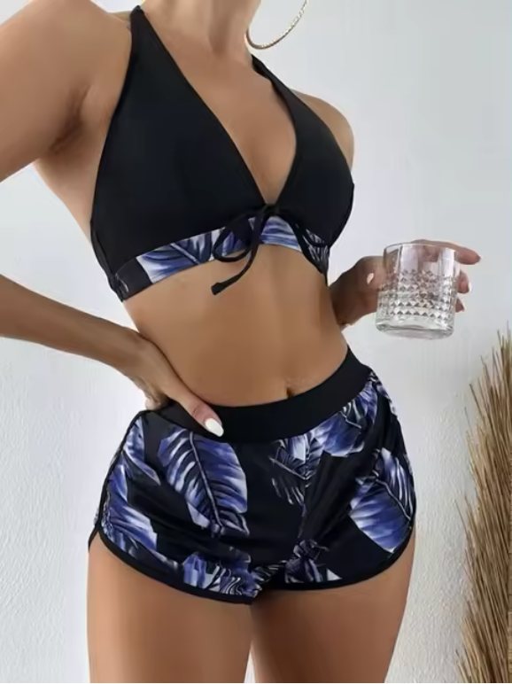 Elena - Driedelige bikiniset met bladerenprint en hoge taille