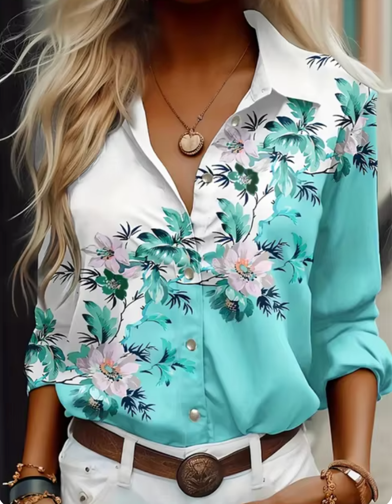 Esther - Ijszijde blouse met lange mouwen en print