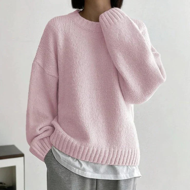 Rina - Rosa einfarbiger Pullover mit Rundhalsausschnitt