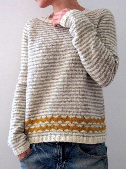 Gestreifter Vintage-Jacquard-Pullover mit Rundhalsausschnitt und Farbblock