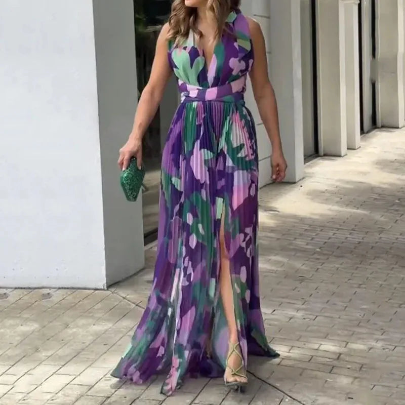 Eleana -Elegante mouwloze V-hals maxi-jurk zonder rug met drapeersplit en getailleerde pasvorm